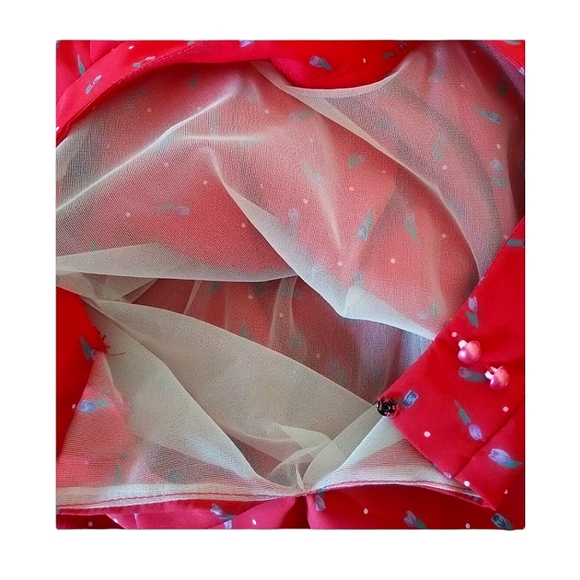 VTG 80's Blouson Waist Dress Red w/ Purple Tulips By Miss Oops California - Picture 7 of 7